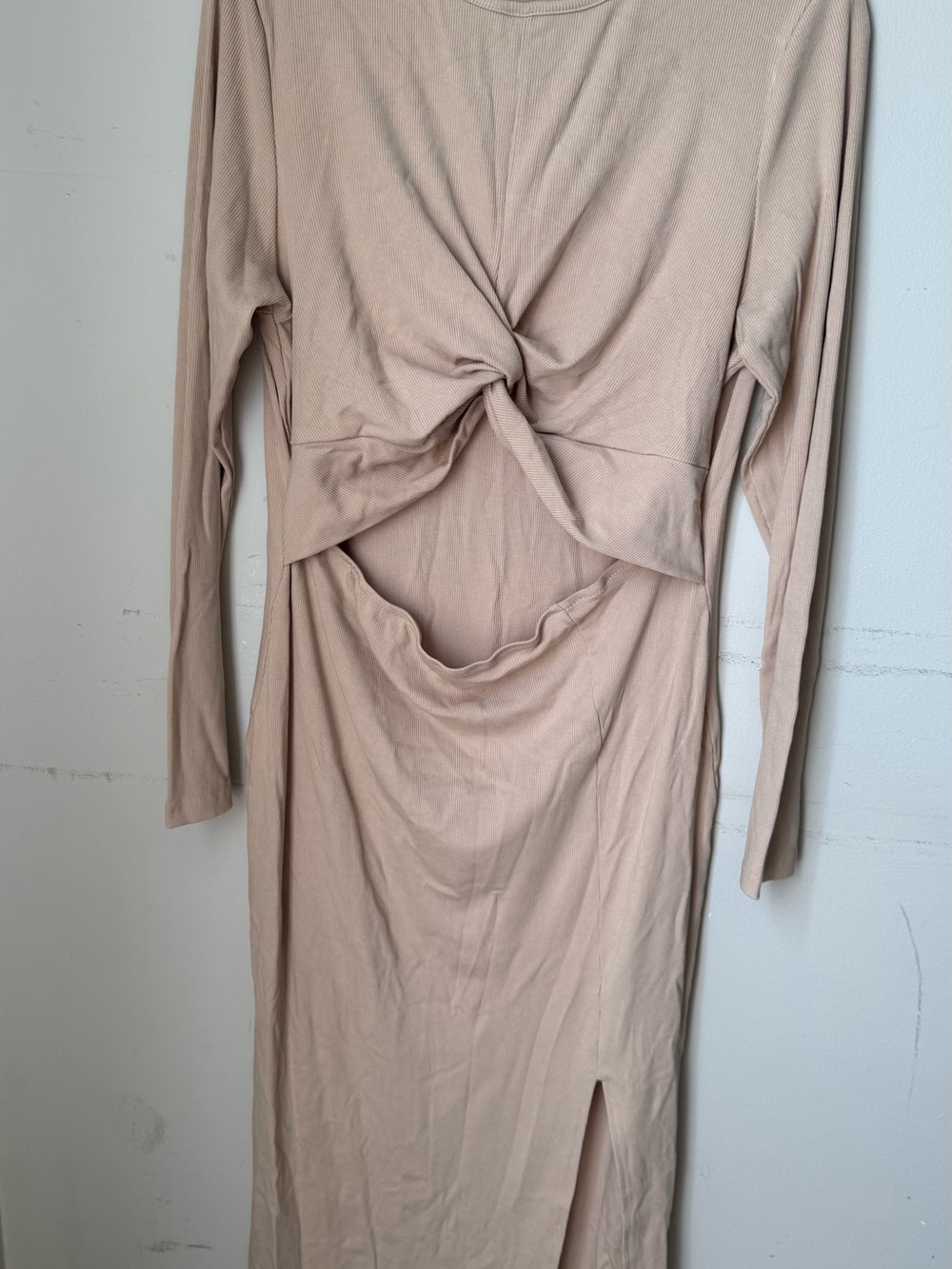 Twist-Front Long Sleeve Midi Dress in Beige